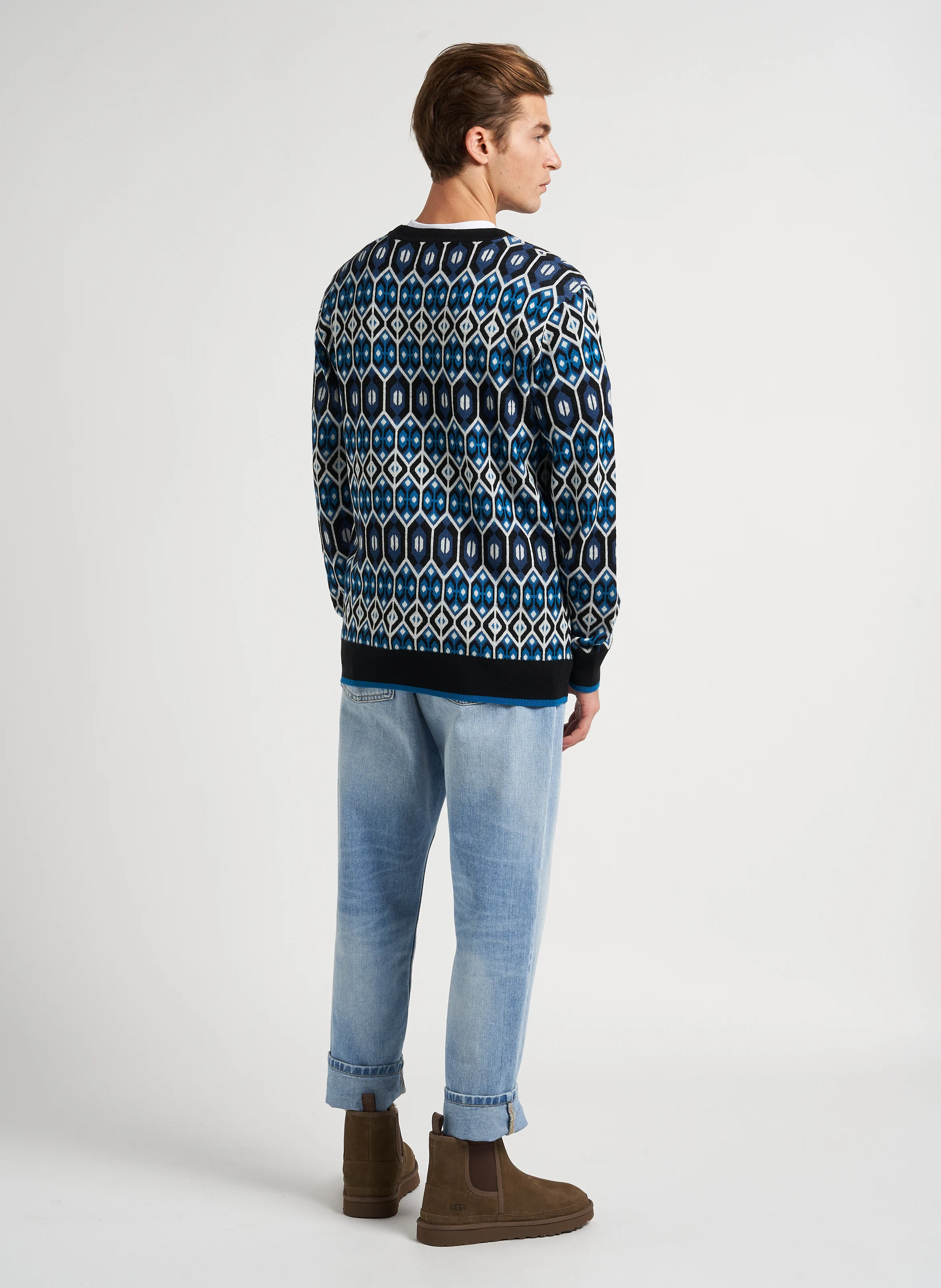 Pull col rond imprimé en laine mélangée | Bleu