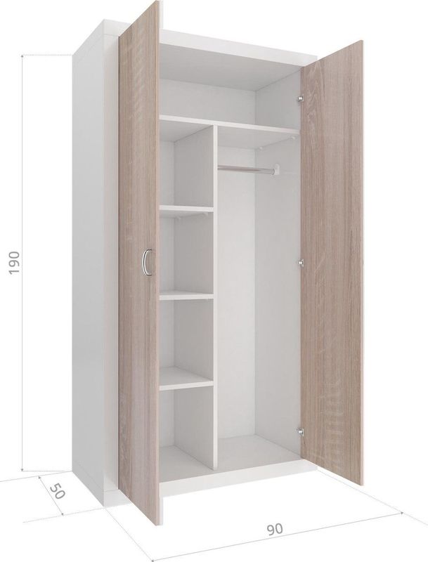 Kledingkast - 90x190x50 cm - wit/Pijnboom - 5 schappen - 2 deuren