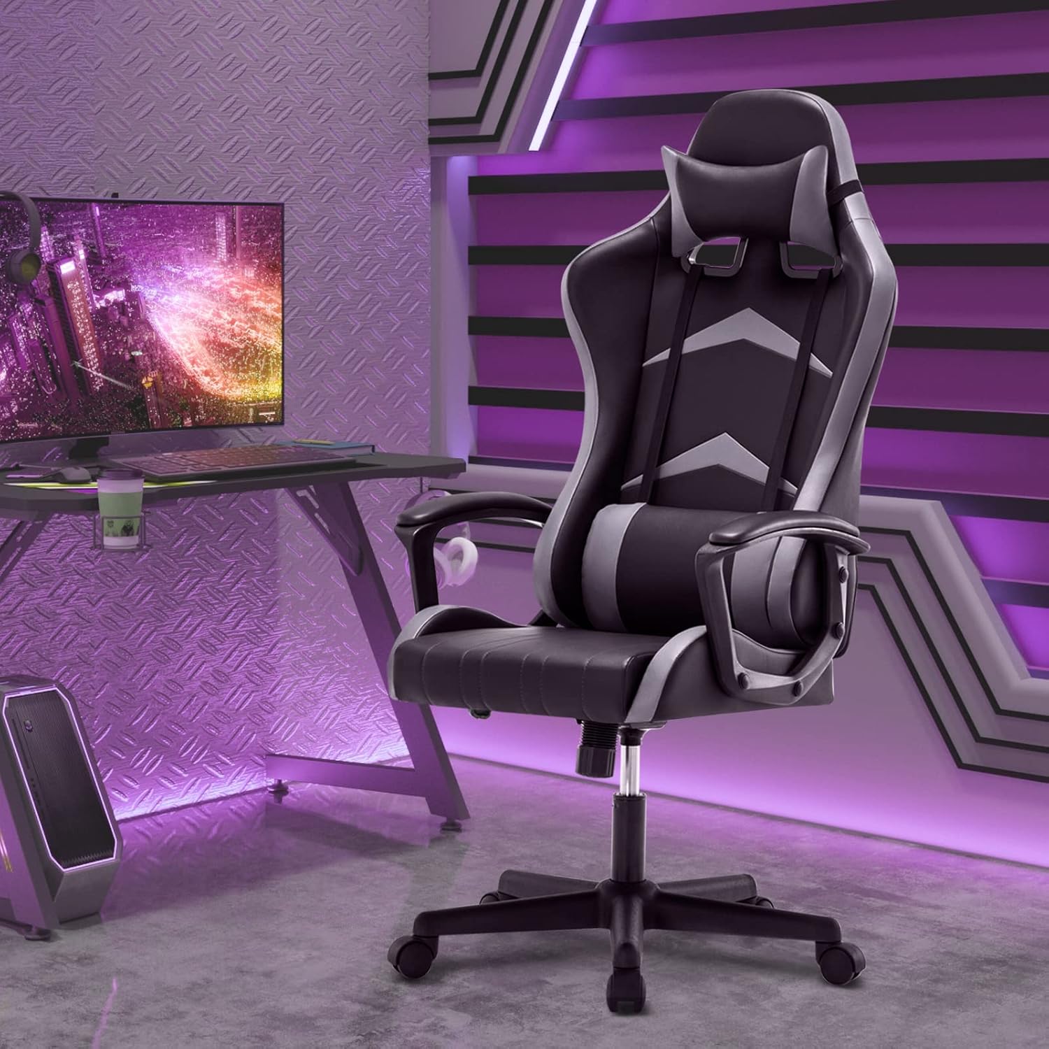 IntimaTe WM Heart Gaming Stuhl, Bürostuhl mit Verstellbarem Kopfkissen und Lendenkissen, Ergonomischer Schreibtischstuhl, Racingstuhl mit Hoher Rückenlehne, 52 x 49 x 130cm (Grau)