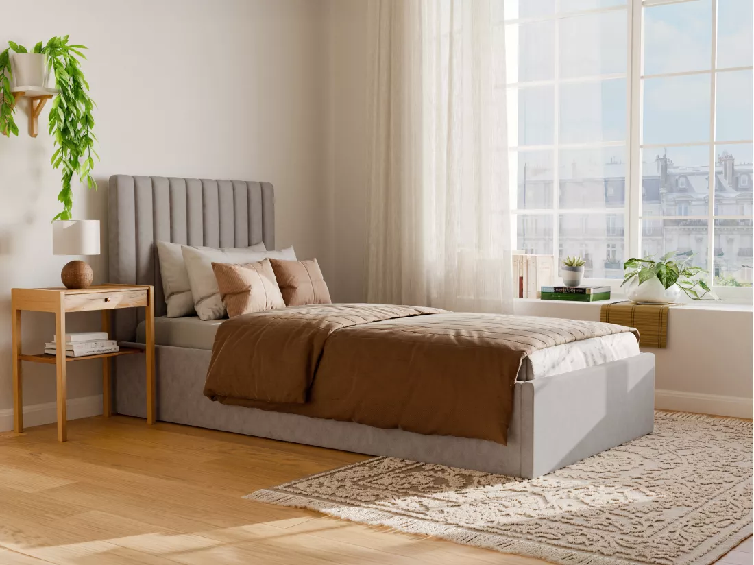 Lit coffre 90 x 190 cm avec tête de lit coutures verticales - Tissu - Beige - SARAH