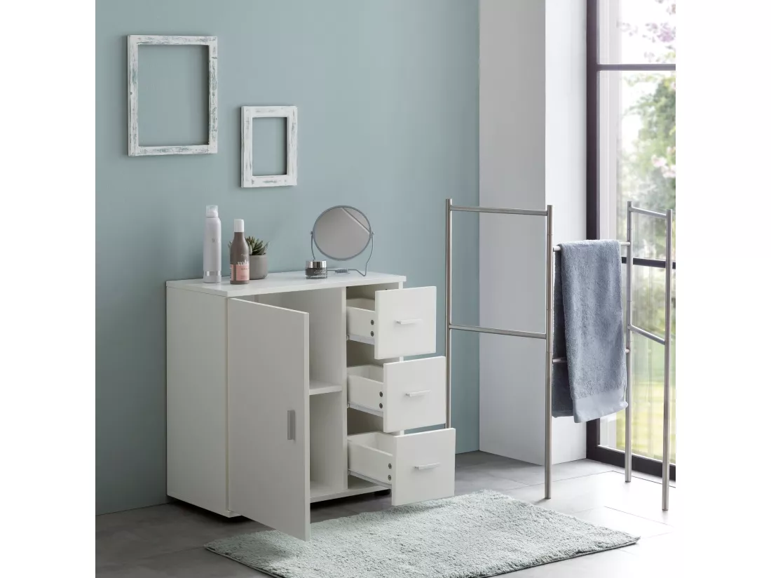 Armoire de Salle de Bain 60x65,5x33cm Commode avec Tiroir et Porte Blanc