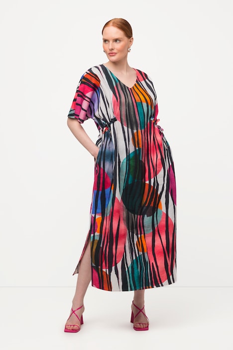 Midikleid, Leinenmix, A-Linie, V-Ausschnitt, Halbarm