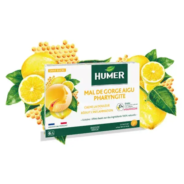 Humer para dor de garganta aguda e faringite, sabor mel e limão, para maiores de 6 anos, 20 pastilhas.