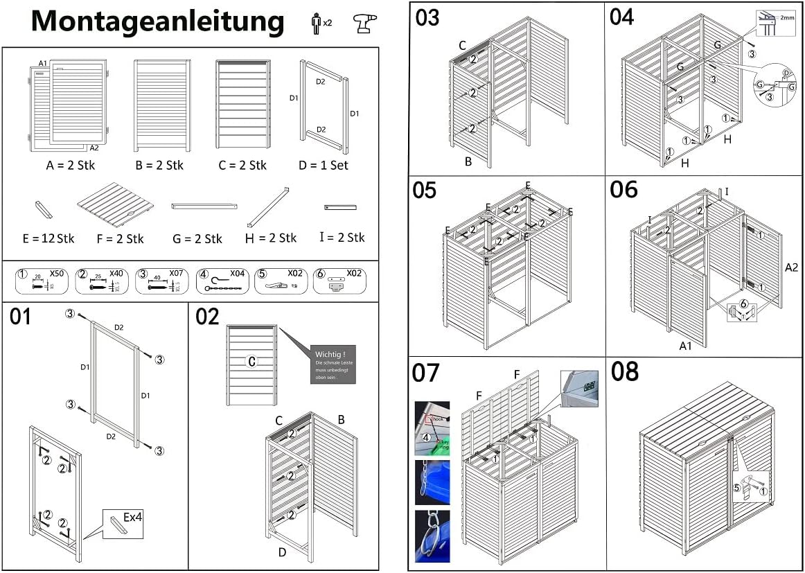 Mülltonnenbox Mülltonnenverkleidung ADRIA24 für 3 Tonnen 240L naturbelassen Müllcontainer Mülltonnenschrank Mülltonne