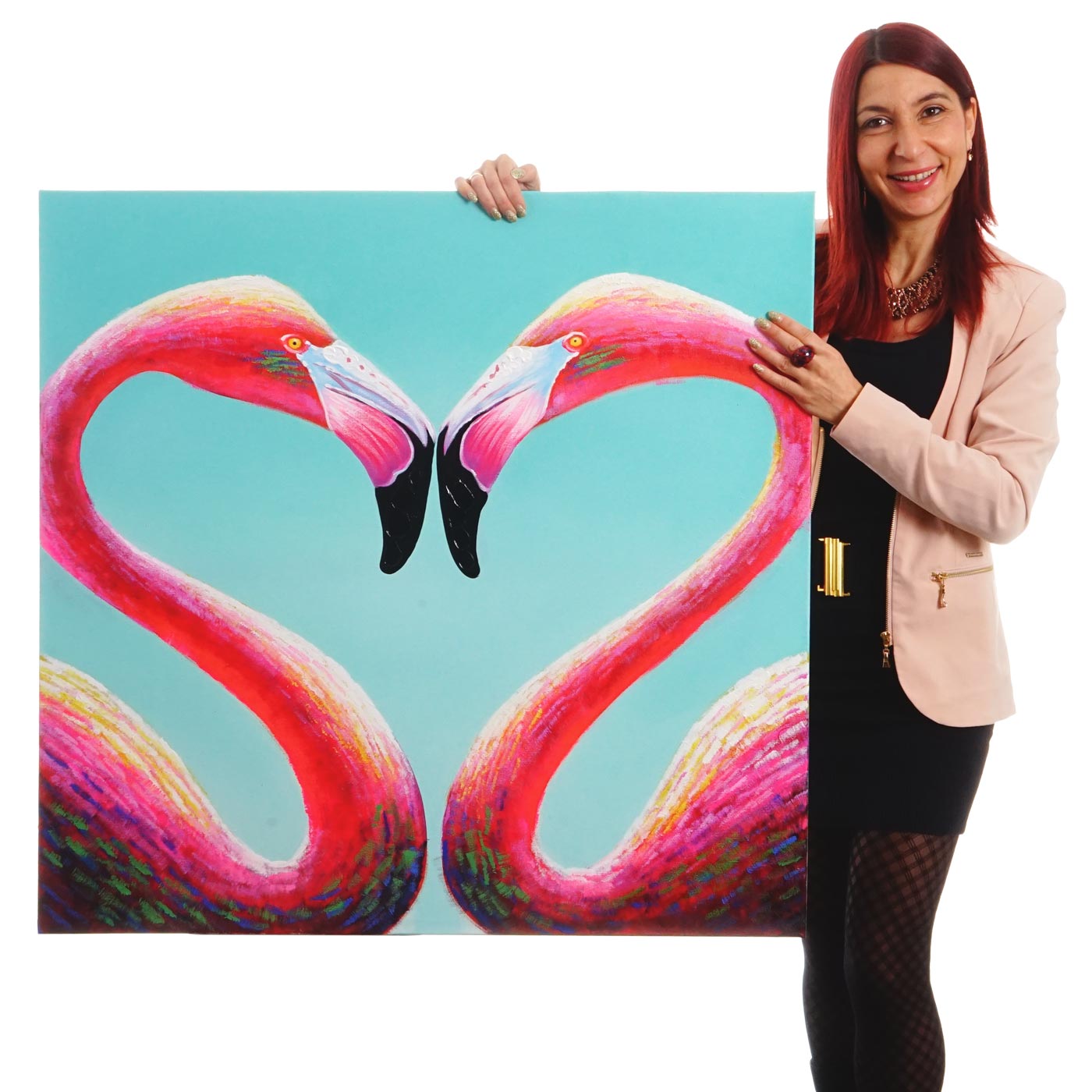 Wandbild Flamingo, 100% handgemaltes Ölgemälde Gemälde XL, 90x90cm