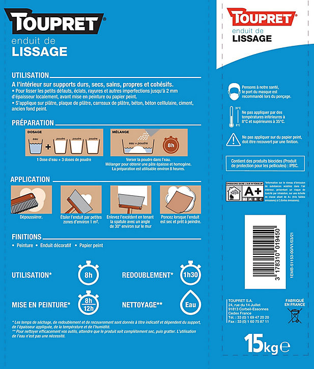 Enduit de lissage en poudre Toupret 15kg