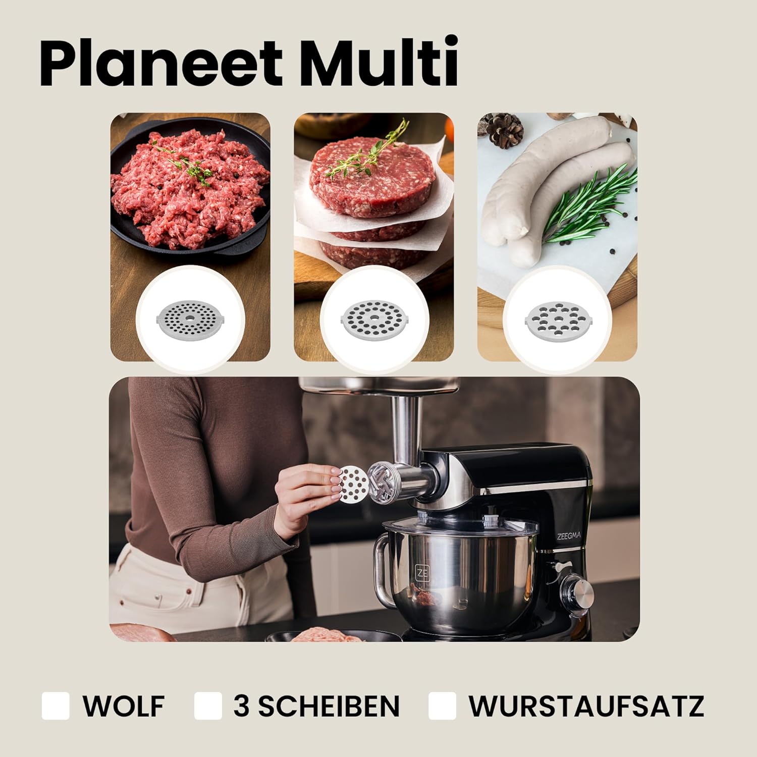 ZEEGMA PLANEET MULTI 1900 W 3-in-1-Planeten-Küchenmaschine, multifunktionale Küchenmaschine mit 6,2-l-Schüssel mit Griff und Deckel, Standmixer, Fleischwolf, 6 Geschwindigkeiten