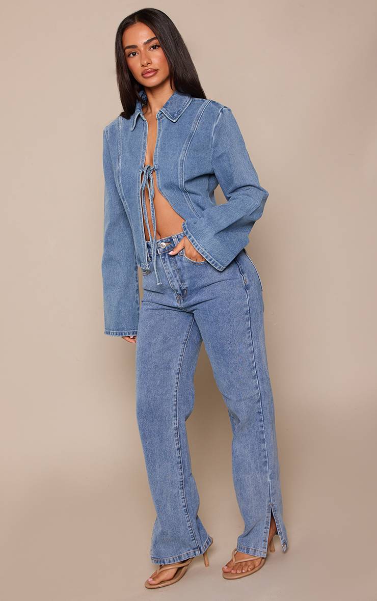 Mid Blue Wash Haut En Jean Petite Avec Nœud Devant