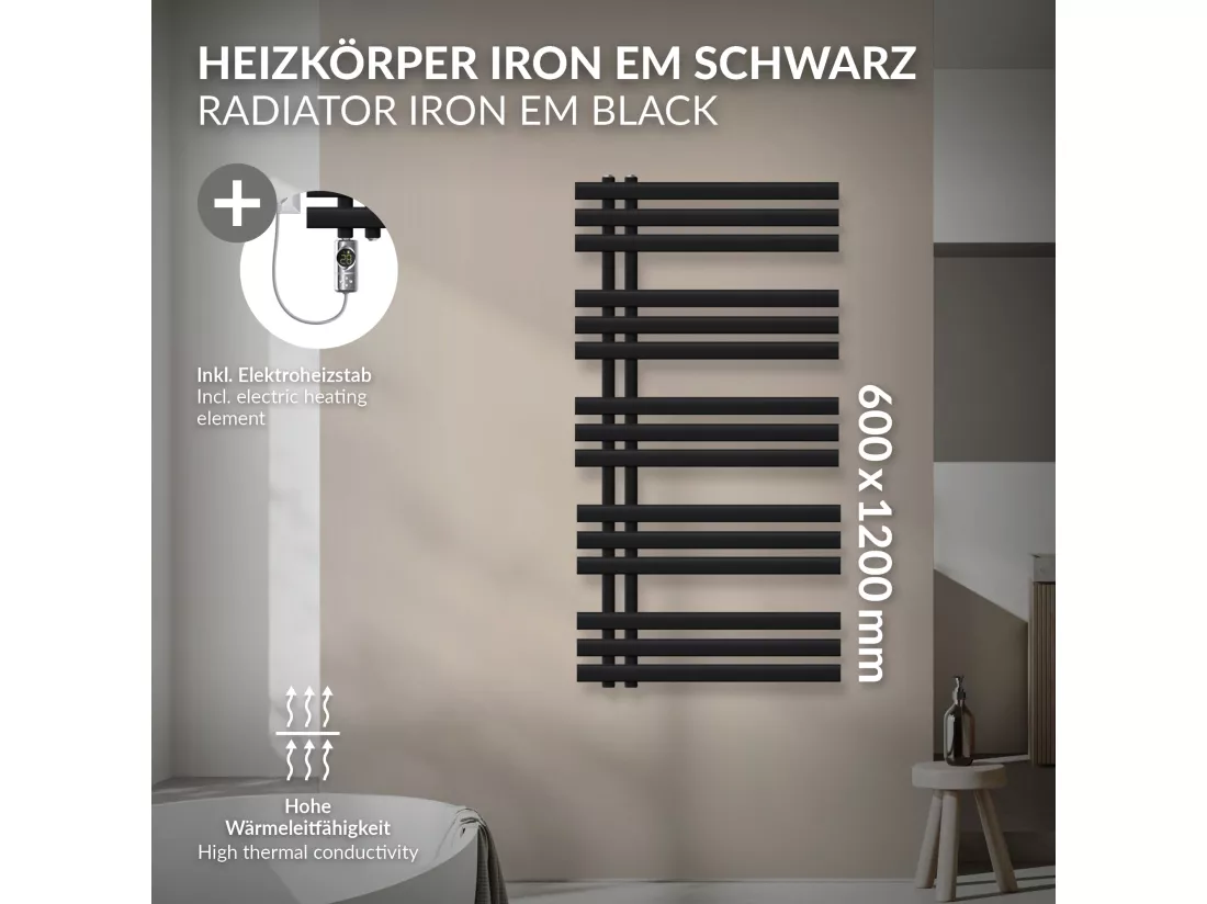 Radiateur de salle de bain acier mat noir 60x120cm avec élément chauffant 1200W