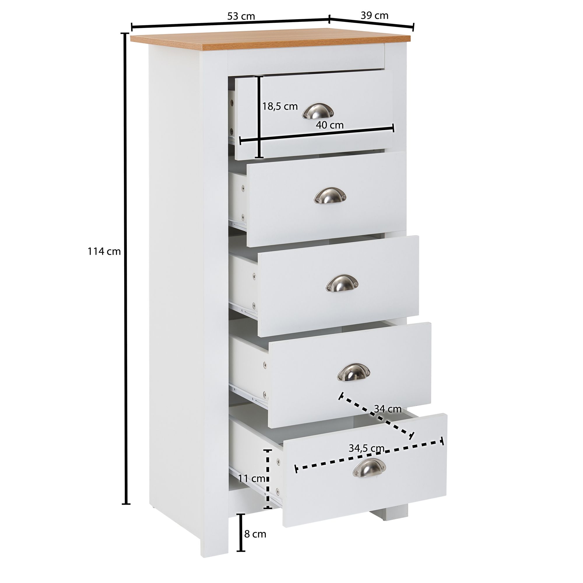 Sideboard FineBuy Kommode Weiß / Eiche 53x114x39 cm Anrichte Schubladenkommode