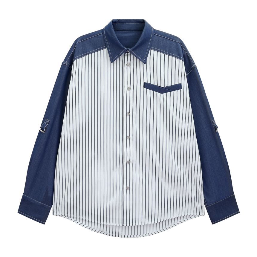 CHIC ERRO - Denim overhemd met lange mouwen, kraag en strepen