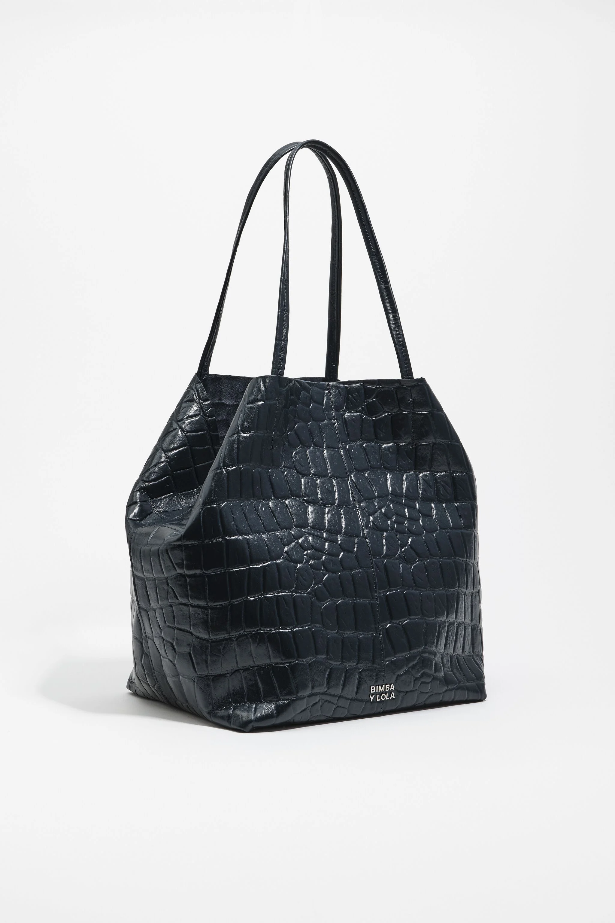 Bolsa de compras grande em couro azul petróleo com estampa de crocodilo.