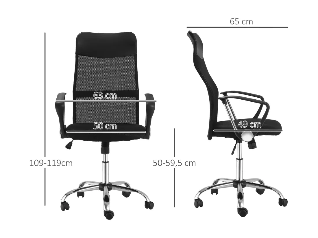 HOMCOM Fauteuil de bureau manager grand confort dossier ergonomique hauteur assise réglable pivotant tissu maille noir