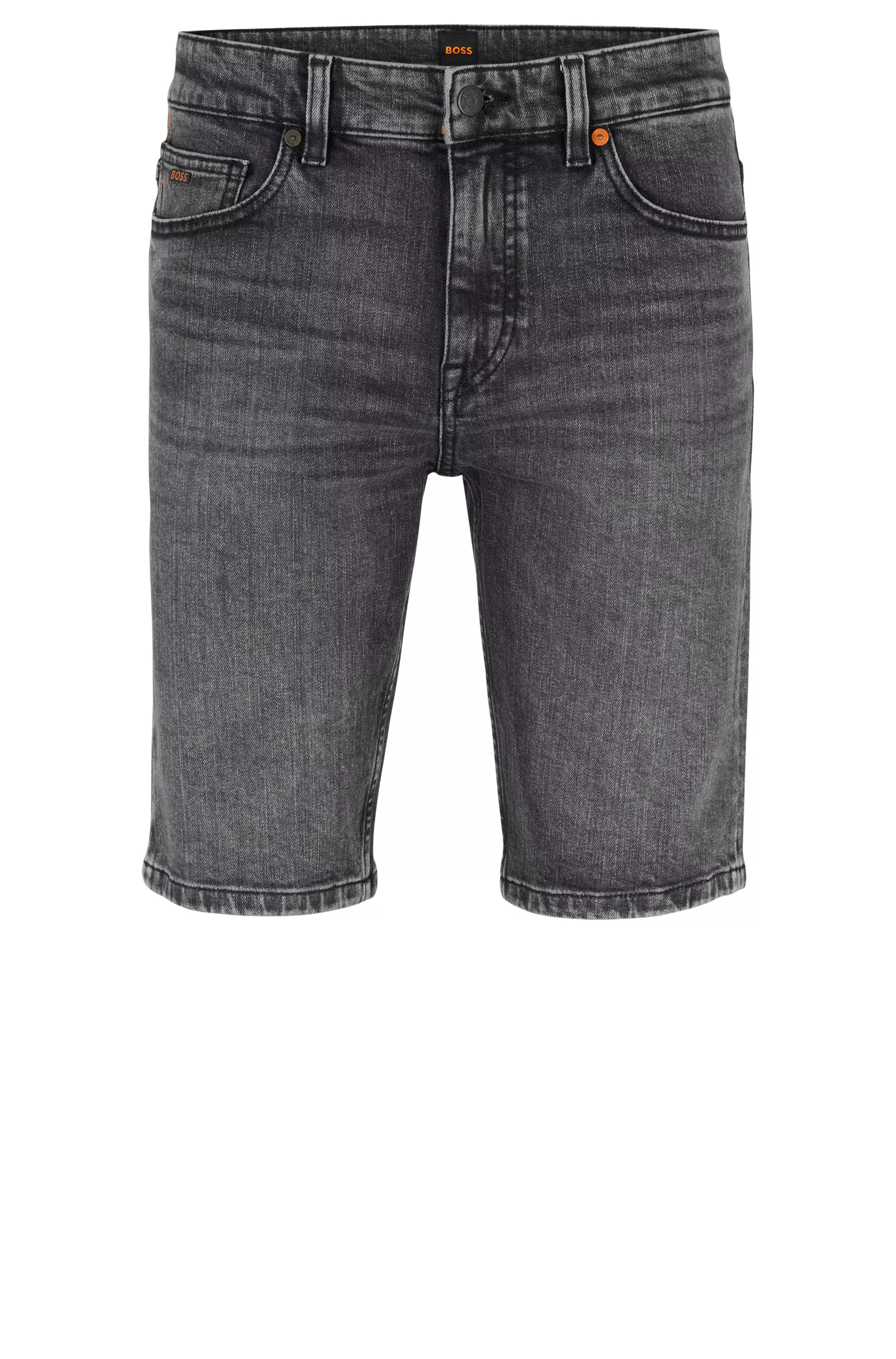 Shorts BOSS laranja, corte slim, em denim preto com elasticidade confortável.