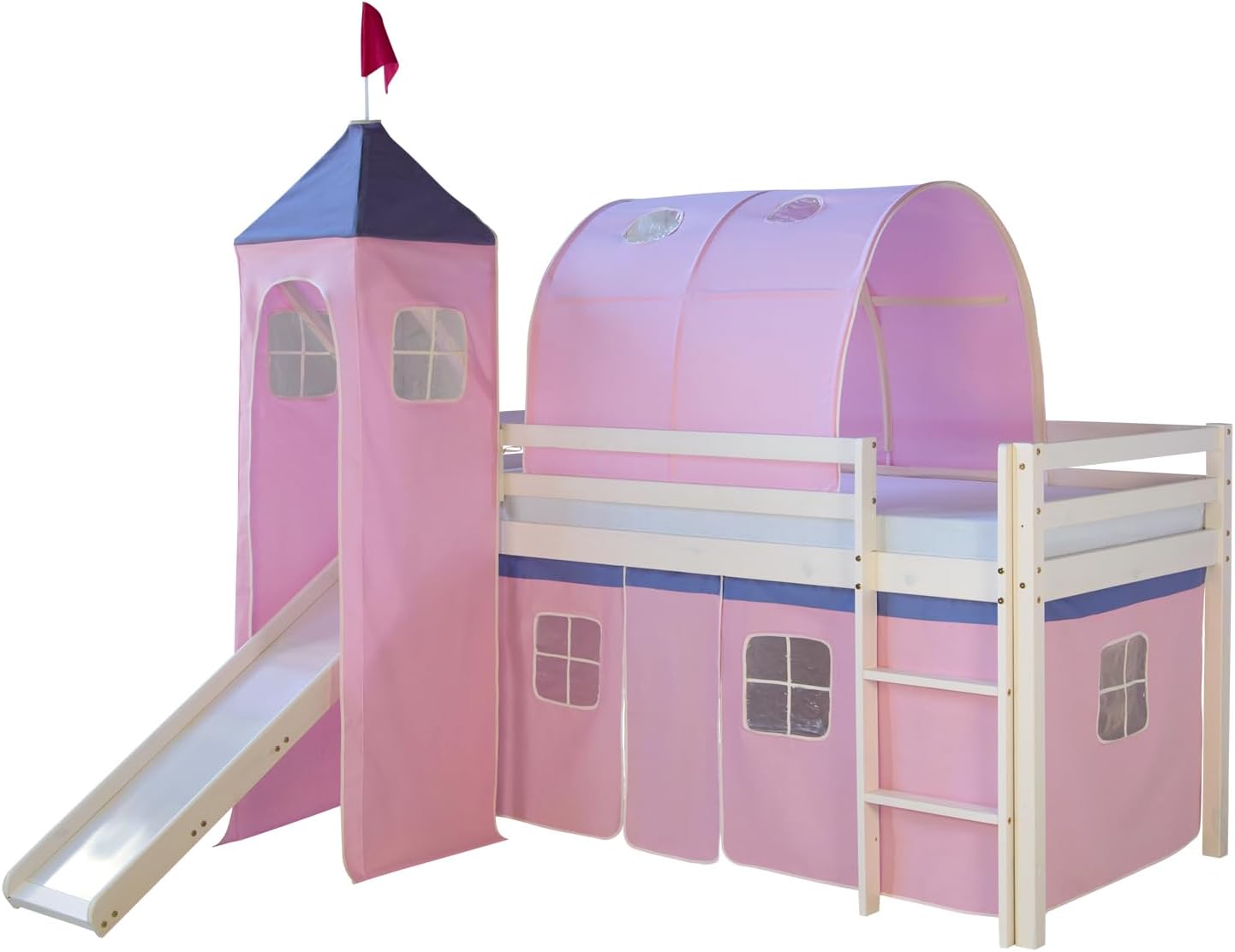 Homestyle4u 2555, Kinderhochbett Weiß 90 x 200cm Holz Kiefer rosa Hochbett Turm Tunnel Leiter Vorhang Rutsche Lattenrost