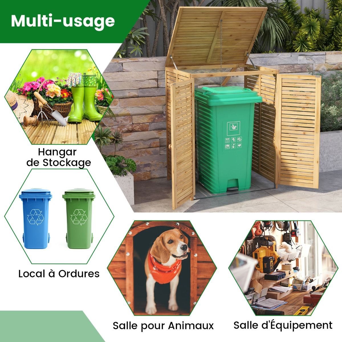 Abri à Poubelle en Bois de 120 L Abri pour Outils d'Extérieur avec Couvercle Ouvrable Doubles Portes Loquet de Verrouillage Naturel - Lidl-Manfred