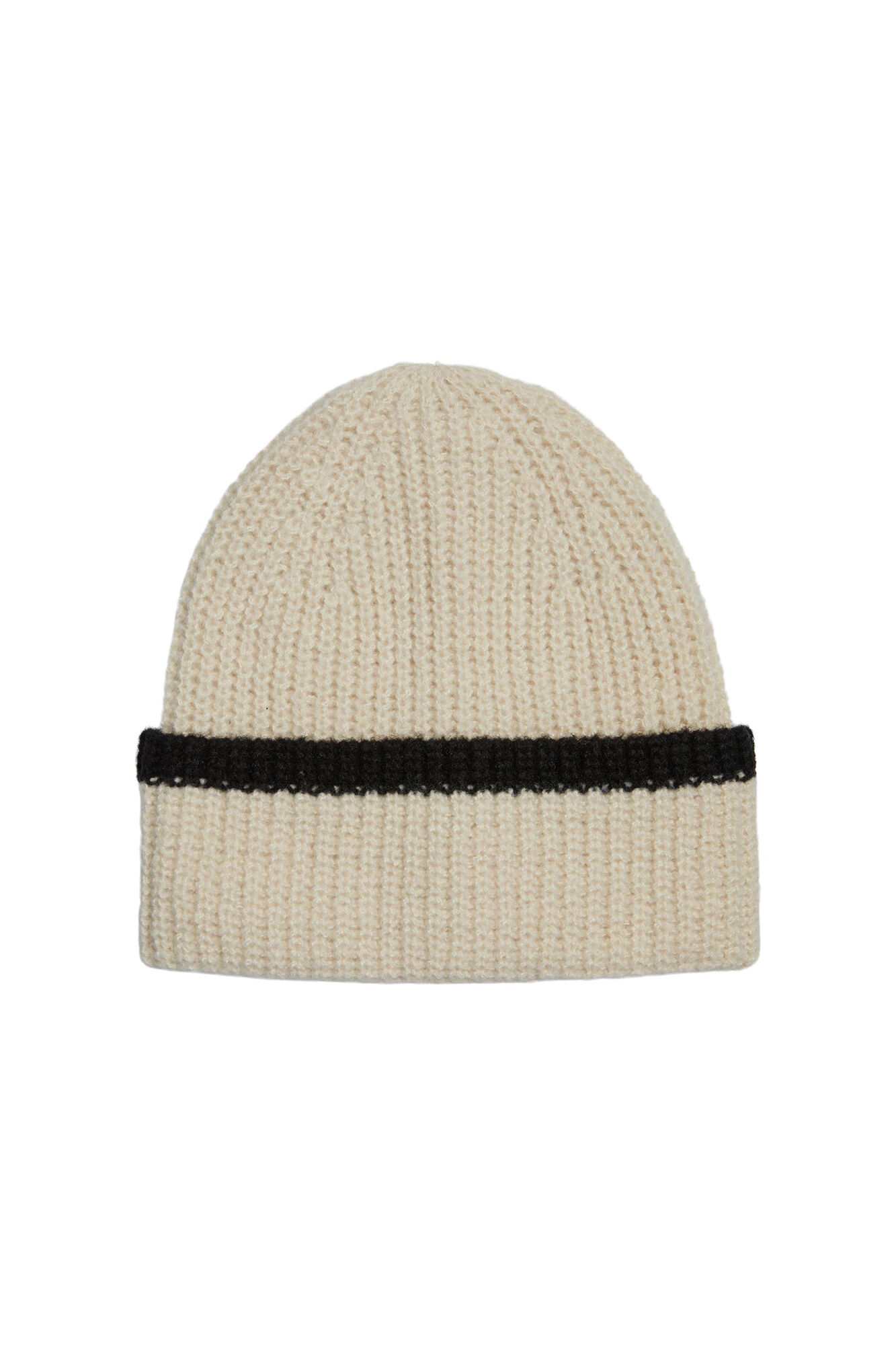 Gorro de tricô bicolor em tecido cañalé. Textura macia e barra dobrada.