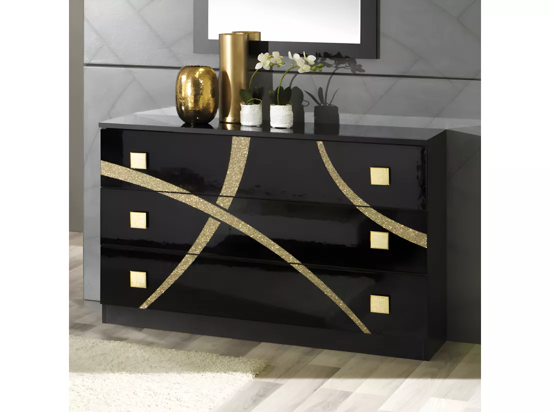 Chambre complète 160*200 Noir/Or - CROSS - Lit : L 165 x l 206 x H 106 cm