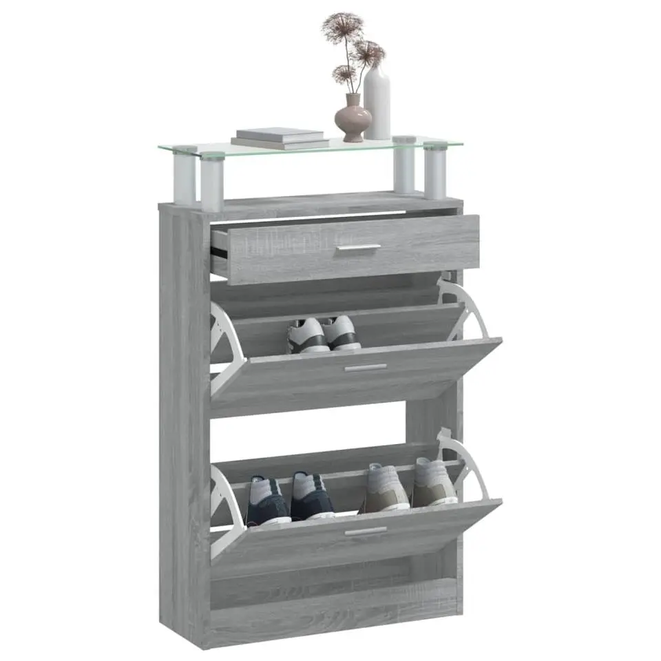 vidaXL - Schoenenkast met 3 kleppen en lade - Grijs sonoma met glazen bovenblad