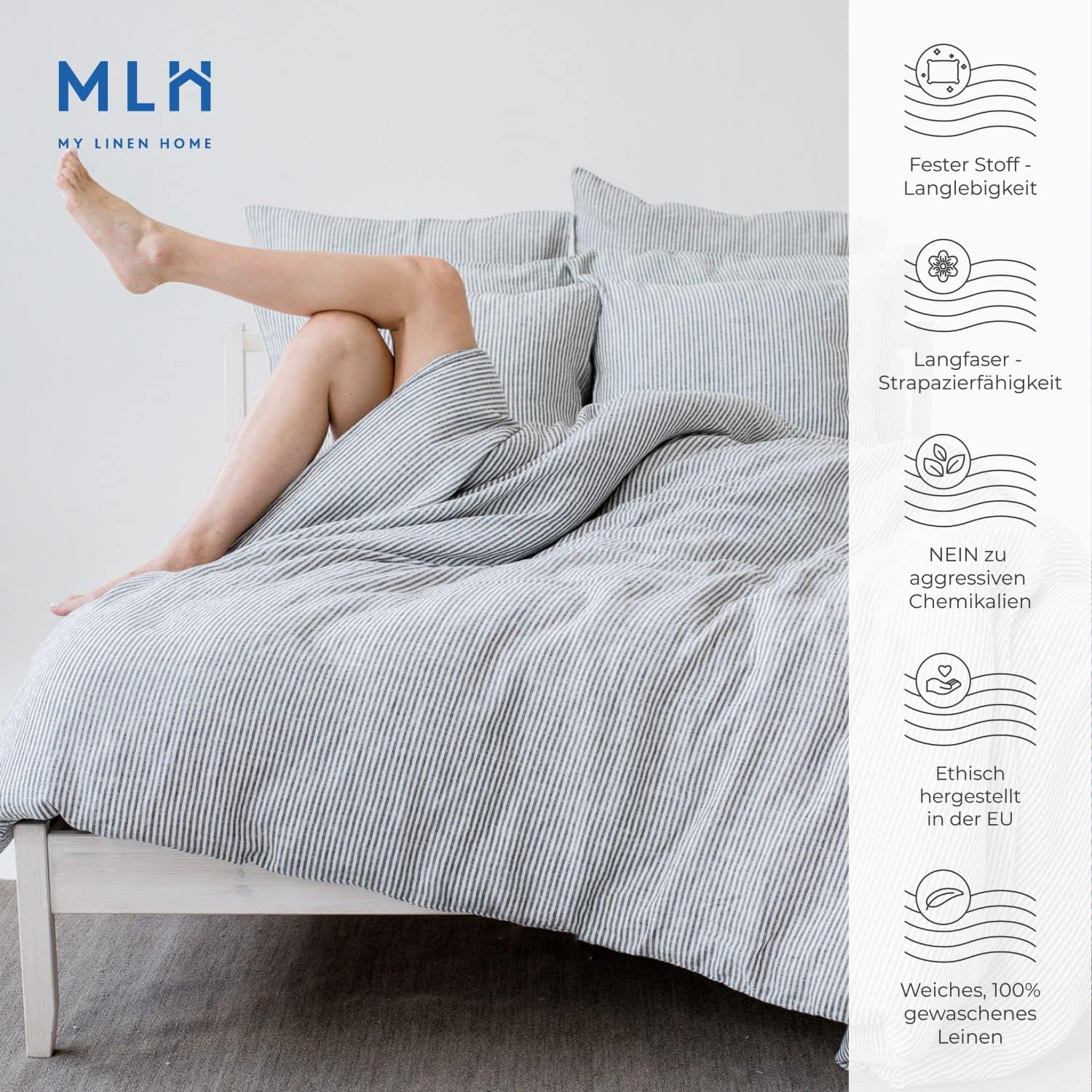 My Linen Home | Bettwäsche – 100 % gewaschenes Leinen | 1 Bettbezug 140 x 200 cm mit Reißverschluss | 1 Kissenbezug 50 x 70 cm mit Reißverschluss | Bettwäsche und Kissen | gestreift