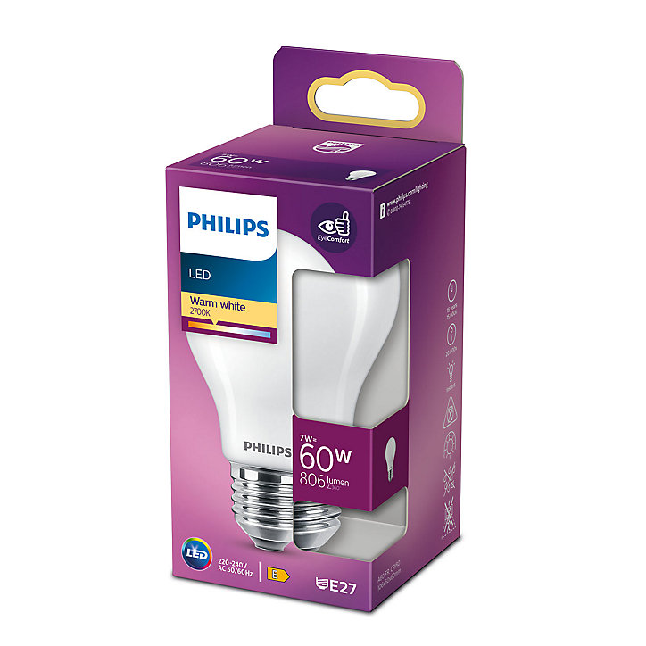 Ampoule LED E27 A60 806lm 7W = 60W IP20 blanc chaud Philips