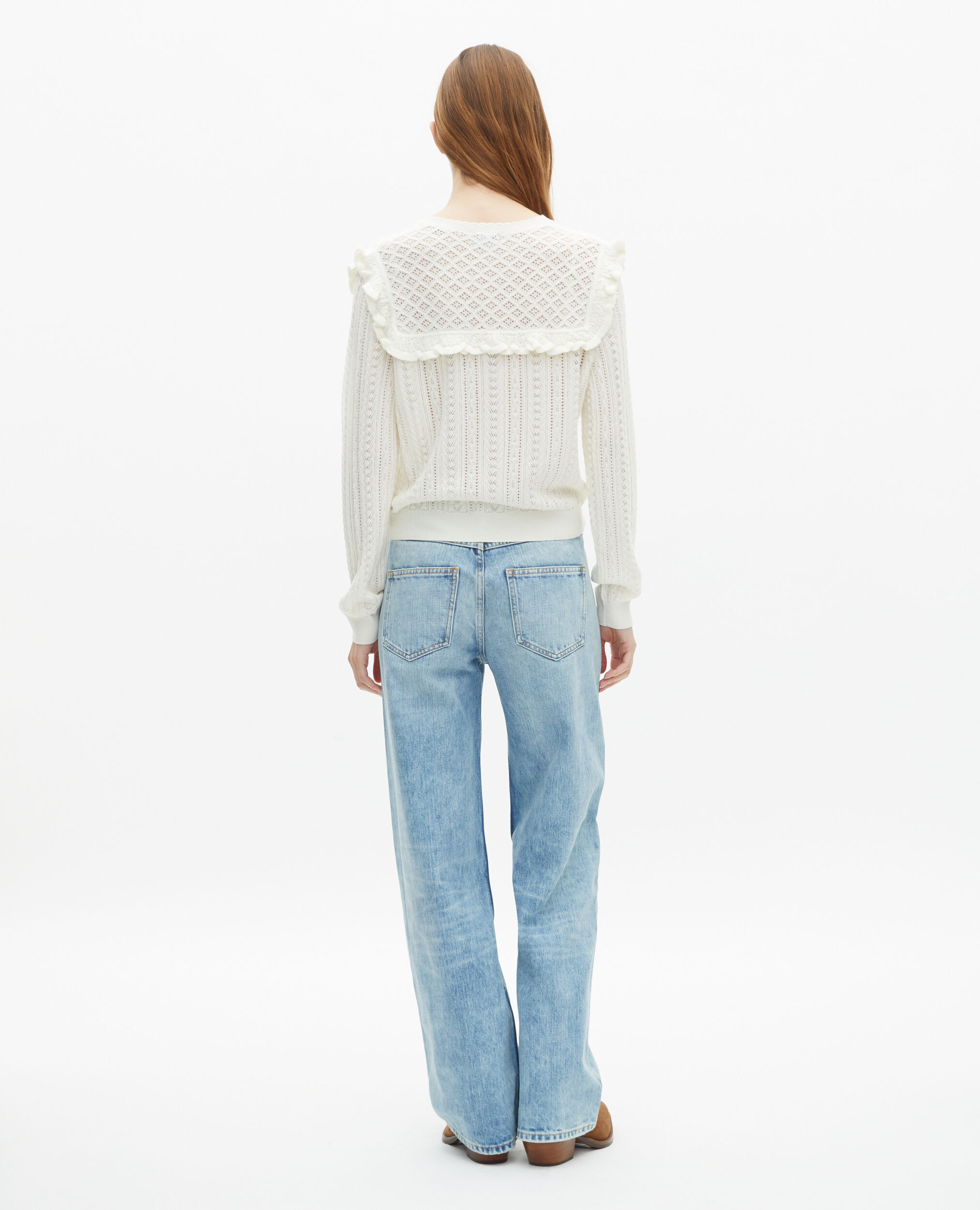 Cardigan avec volants en laine mérinos écru
