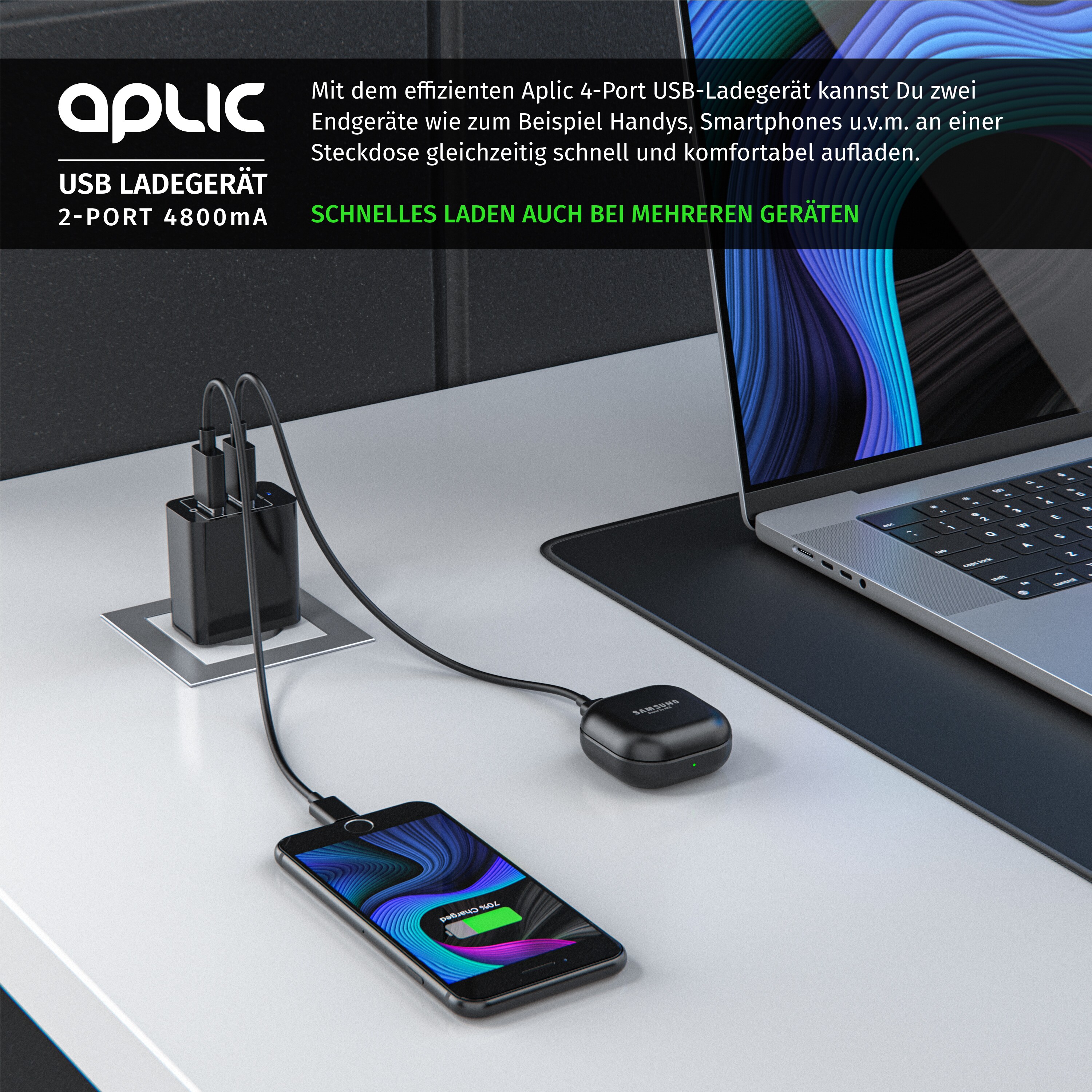 Aplic USB-Ladegerät 4800 mA, 2-Port Netzteil für Handy/Smartphone/Tablet, 4800mA - 2400mA je Port