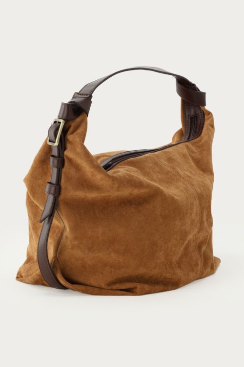 Cognac schoudertas in suède look met gesp