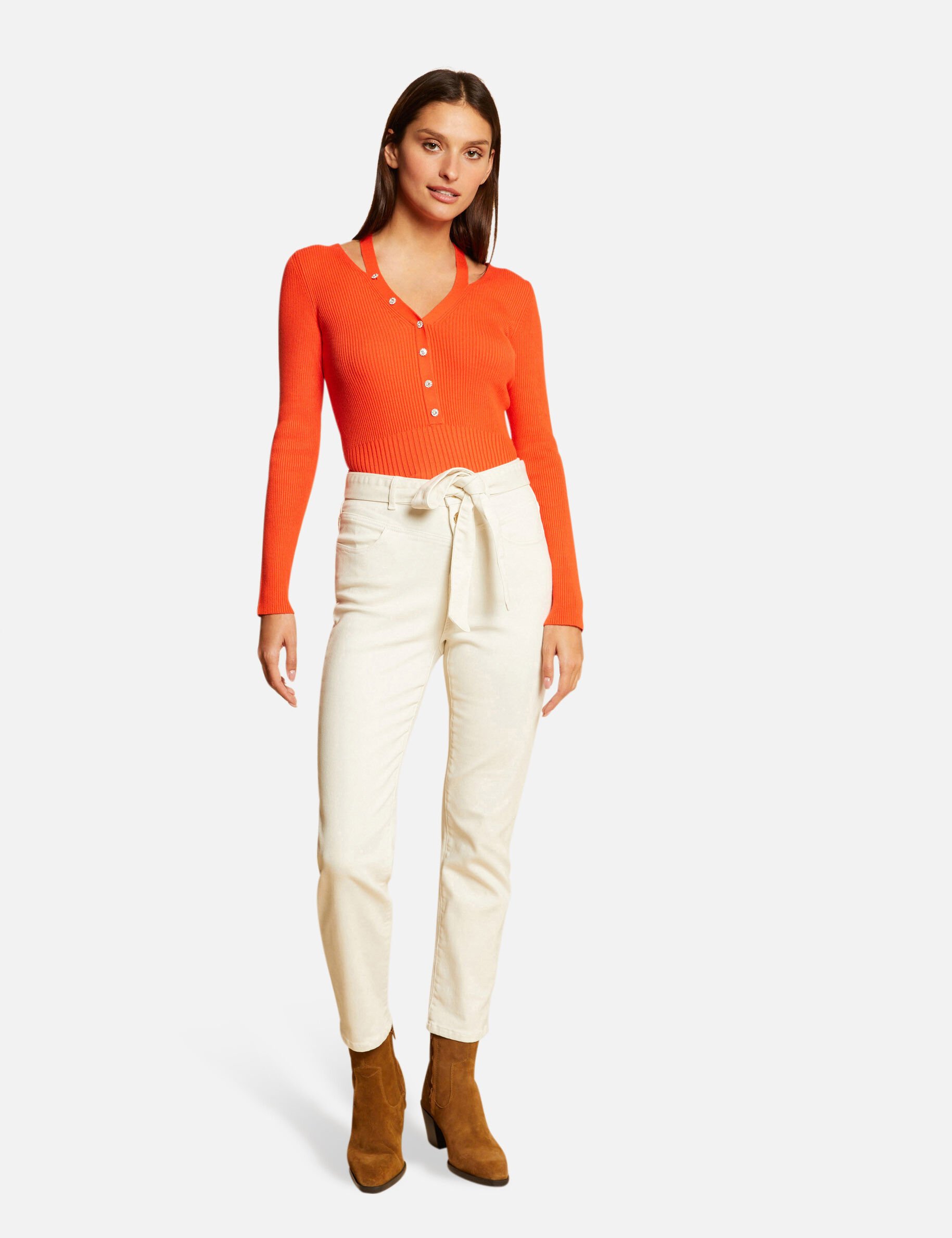 Pull manches longues avec boutons orange femme - orange