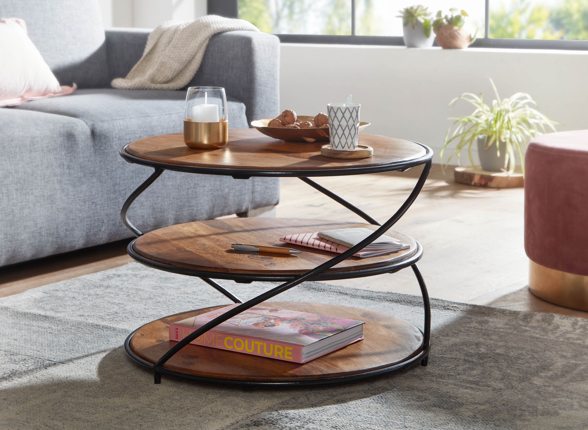 KADIMA DESIGN Sheesham-Massivholz Couchtisch, außergewöhnliches Design, 58x58 cm, 3 Ablageflächen, Robust