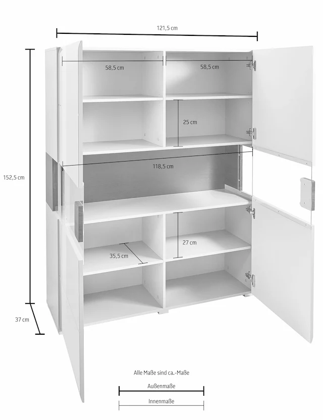 INOSIGN Highboard »Toledo,Breite 121,5 cm, trendige Hochkommode mit 2 Türen« Hochschrank mit Glas-Partien,stylische Hochglanzfronten