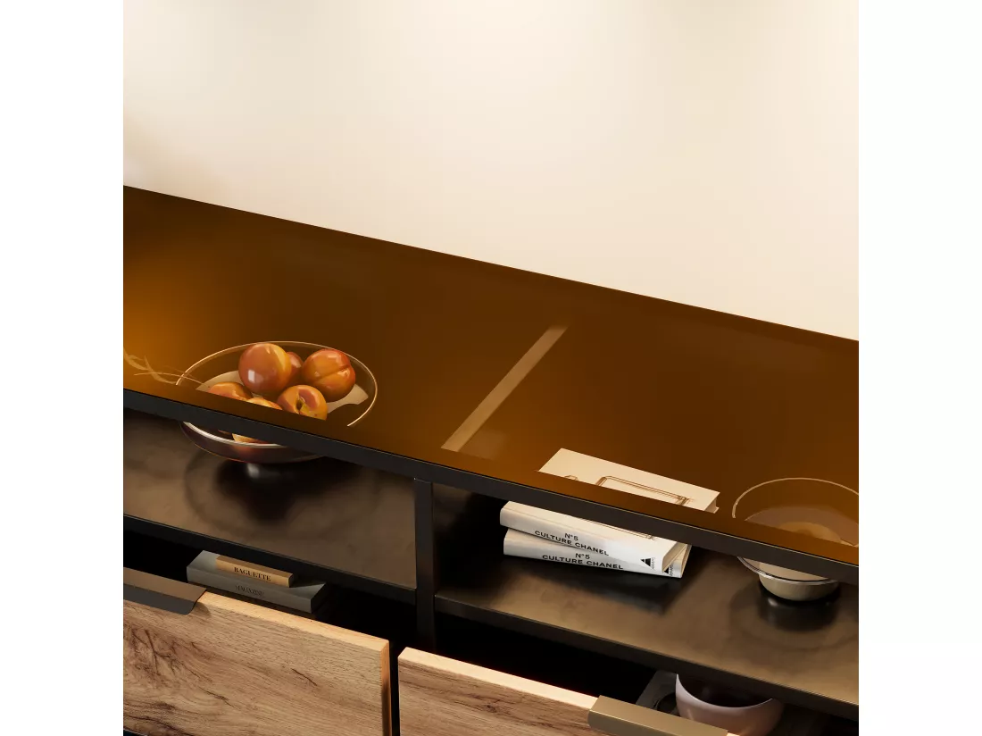 Commode avec 6 tiroirs et 2 compartiments, buffet, anti-basculement, 120 x 40 x 80 cm, verre ambré et panneau de particules, chêne