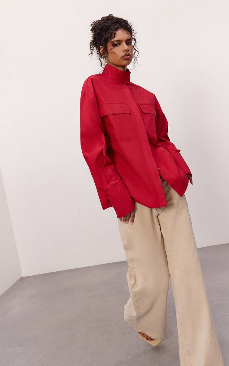 Rouge Chemise Oversize En Coton Avec Poches Détaillées