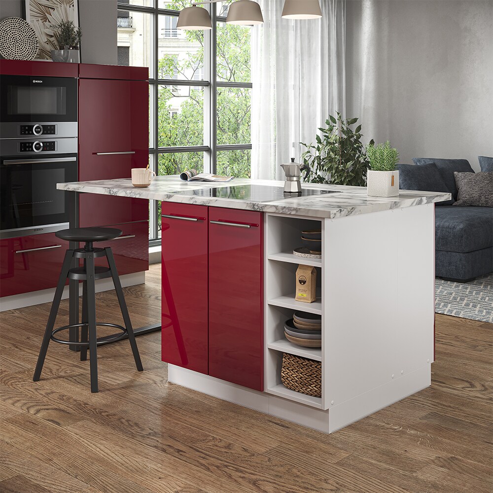 Vicco Kücheninsel Küchenblock Einbauküche Fame-Line Weiß Bordeaux-Rot 90 cm modern Hochglanz Küchen Schränke Regalunterschrank Küchenunterschrank Regalinselunterschrank Softclose-Scharnier Küchenmöbel