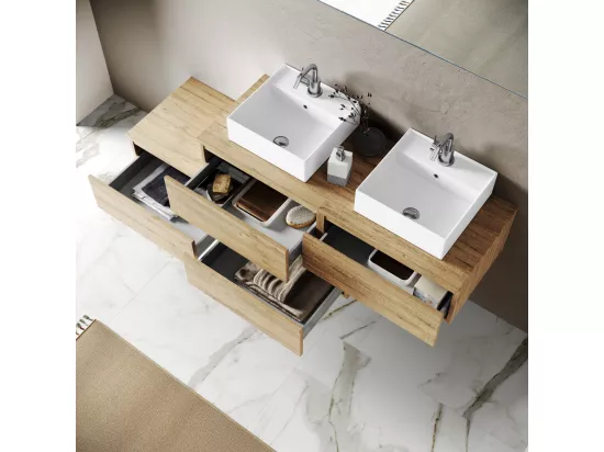 Ensemble de salle de bain double vasque 8 pièces ASTRA chêne miel