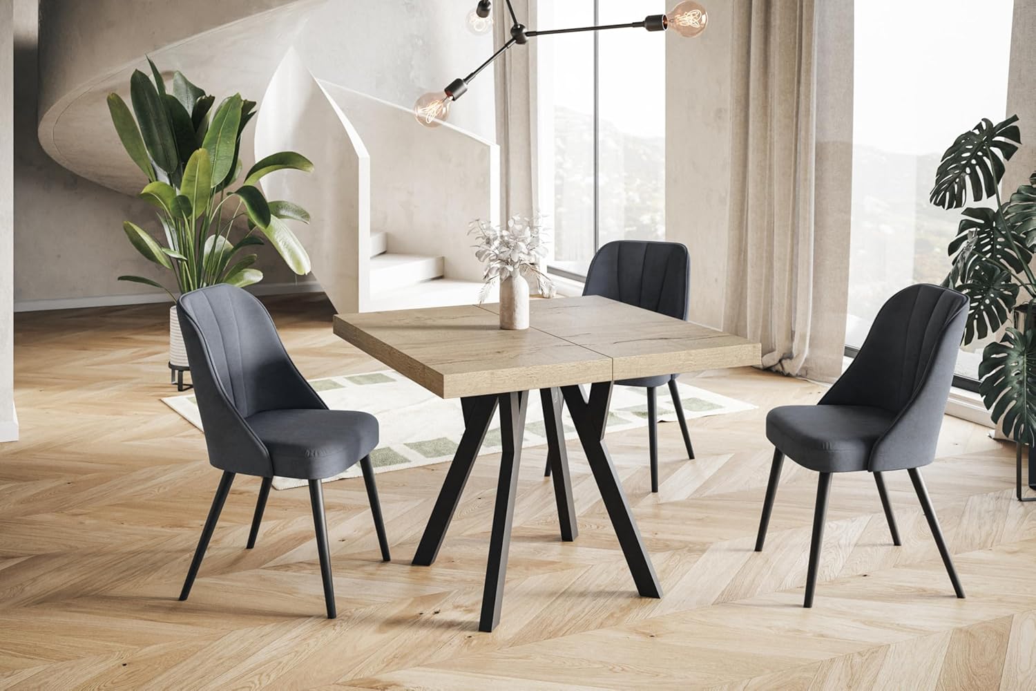 Quadratischer Esstisch ausziehbar – Moderner Wohnzimmertisch und Küchentisch – Tisch mit Holzbeinen, stabile Konstruktion, Durchmesser 80-180 cm - Farbe Halifax - Kollektion Rico
