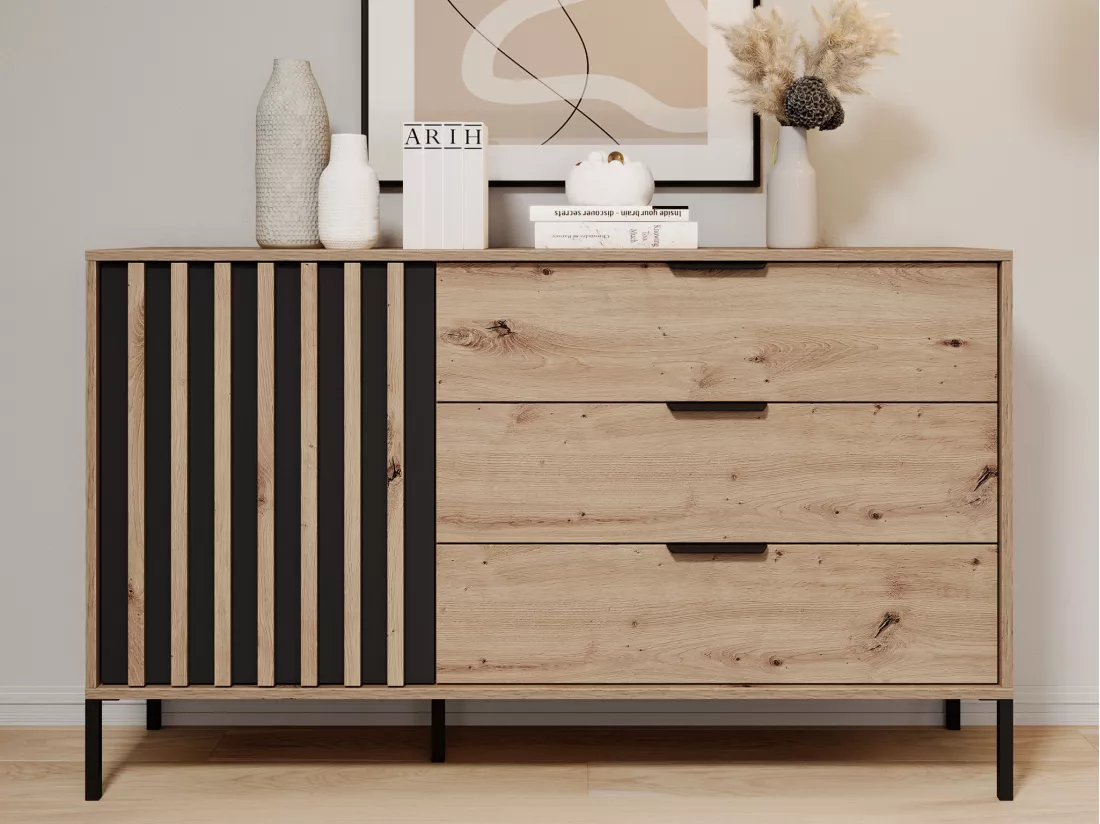 Ensemble lit coffre avec chevets 160 x 200 cm + Matelas + Commode + Armoire - Coloris : Naturel et noir - ARIADA