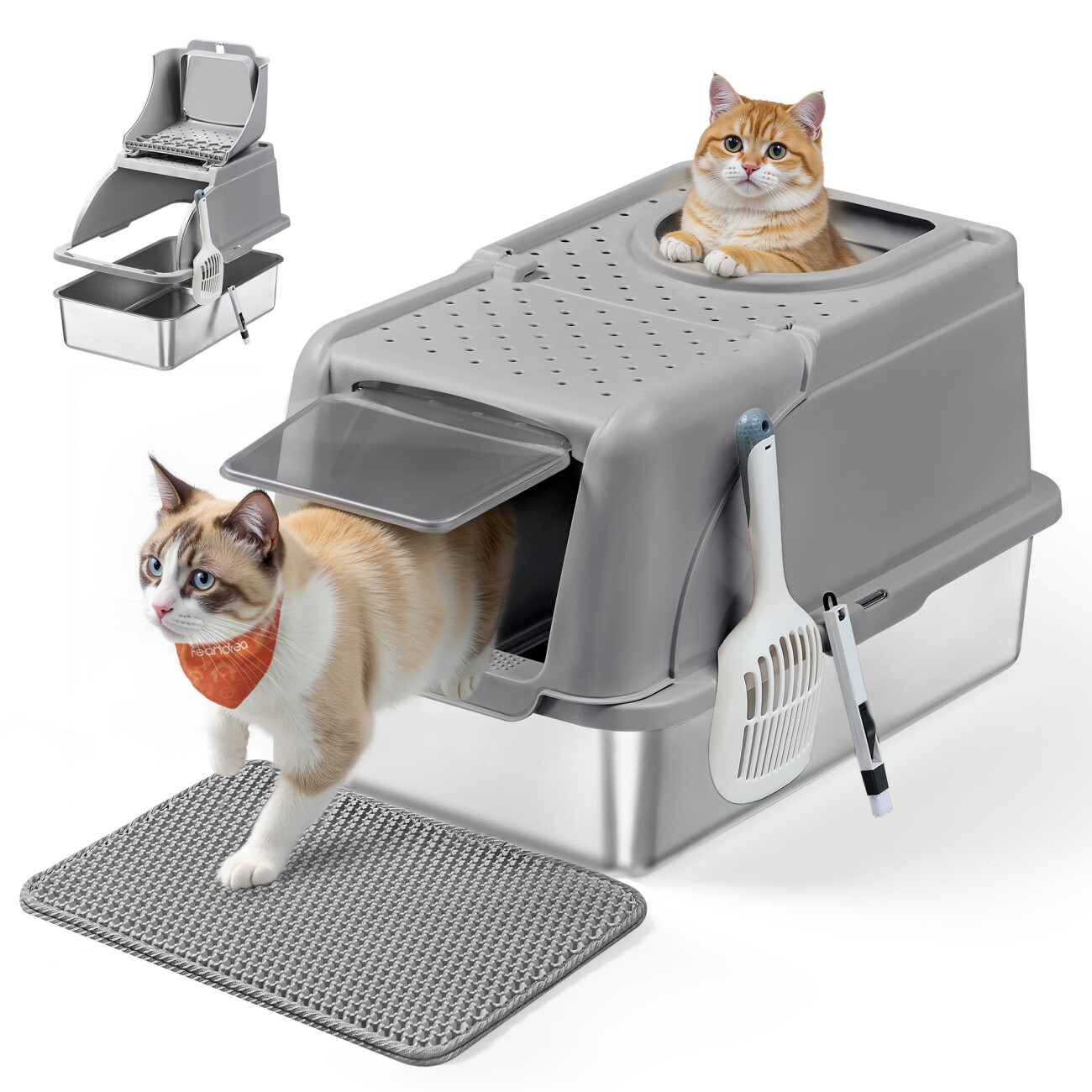 FEANDREA Edelstahl Katzentoilette XL mit Deckel 2 Eingängen grau