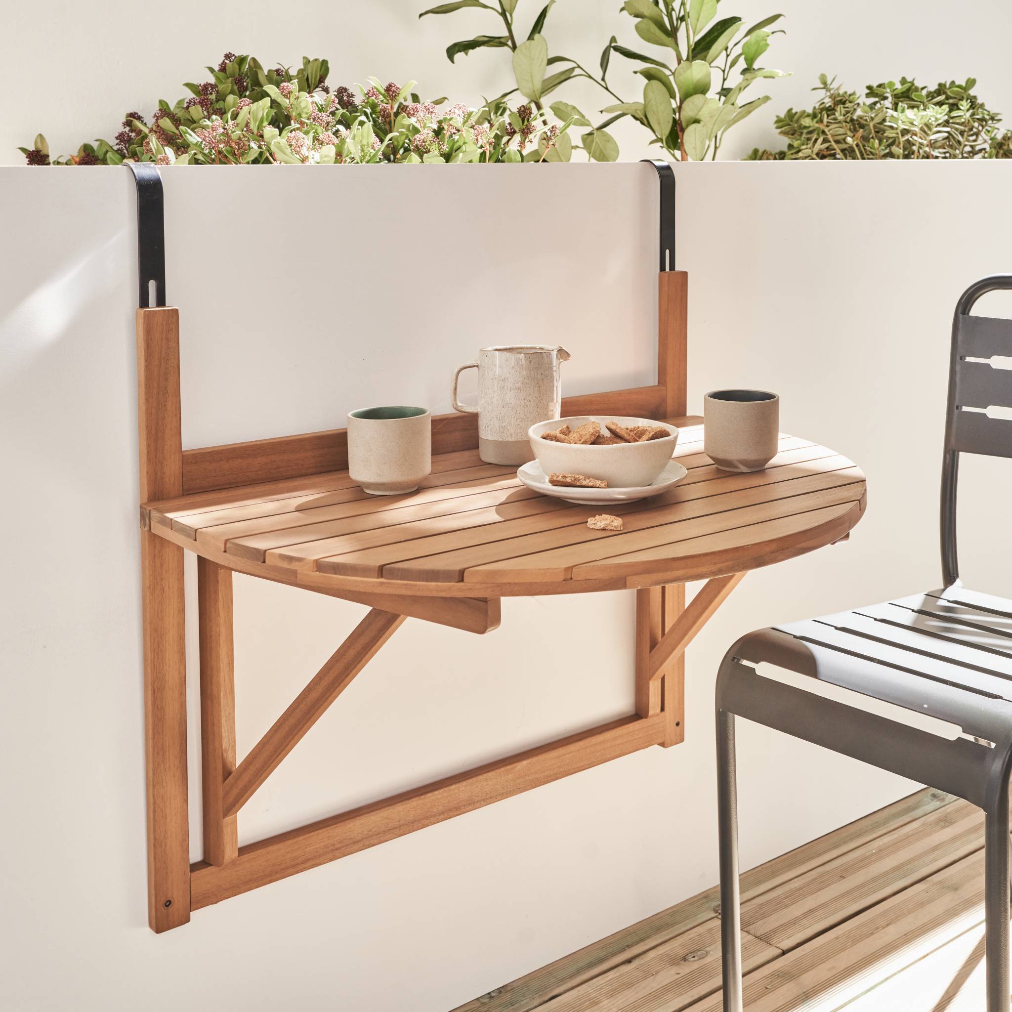 Table d'appoint en bois pour balcon. Semi-arrondie. Rabattable. Hauteur ajustable