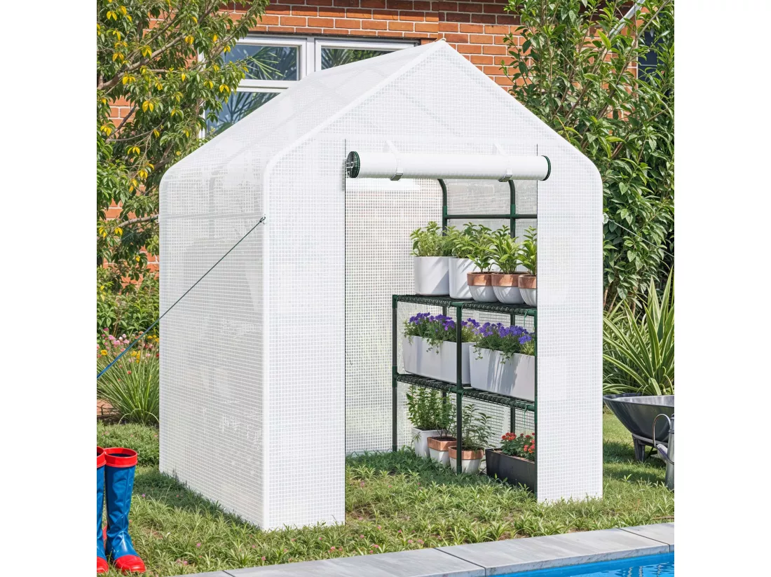 YITAHOME Serre de Jardin Blanc - 3 Niveaux 12 étagères - en Polyéthylène avec Fermeture éclair - Jardin extérieur - 195 x 143 x 143cm