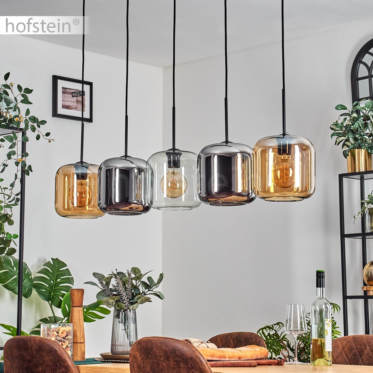 Pendelleuchte Lauden, Pendellampe aus Metall/Glas in Schwarz/Bernstein/Chrom/Klar, Leuchte im modernen Retro/Vintage-Design mit Schirmen aus Glas (Ø 20cm), Höhe max. 147,5cm, 5x E27, ohne Leuchtmittel