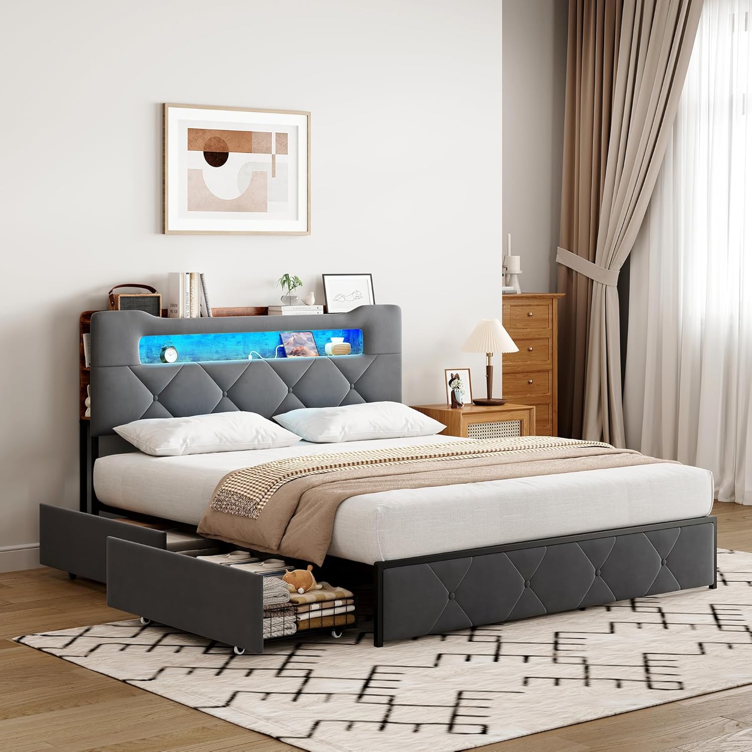Bettkasten, 140 x 200 cm, Aufbewahrung mit 4 Schubladen, für Doppelbett, Erwachsene, Polsterbett mit Lattenrost, Kopfteil mit LED-Beleuchtung & USB (ohne Matratze) (Grau, 140 x 200 cm)