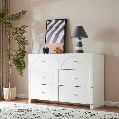 Merax Sideboard Weiß – Romantischer Luxus-Kommodenschrank mit 6 Schubladen, Elegantes Design mit geschwungenen Bögen und Metallgriffen, 120x40x82 cm für Wohnzimmer, Schlafzimmer oder Flur