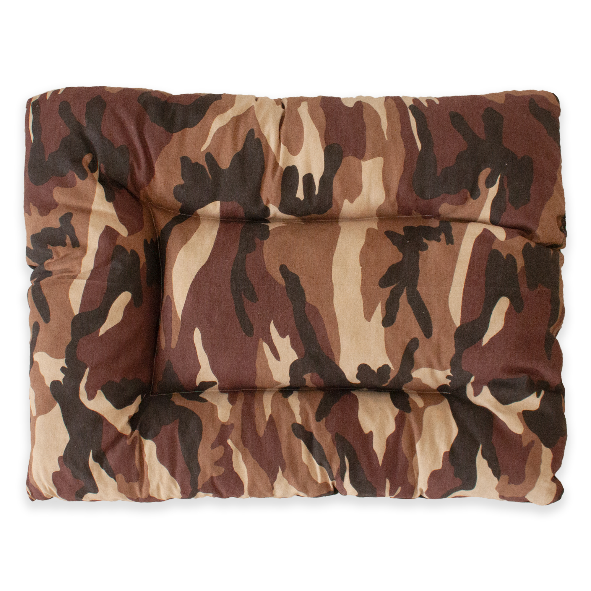 Almofada grande acolchoada para animais de estimação com enchimento camuflado. Marrom e preto. 85 x 70 x 10 cm