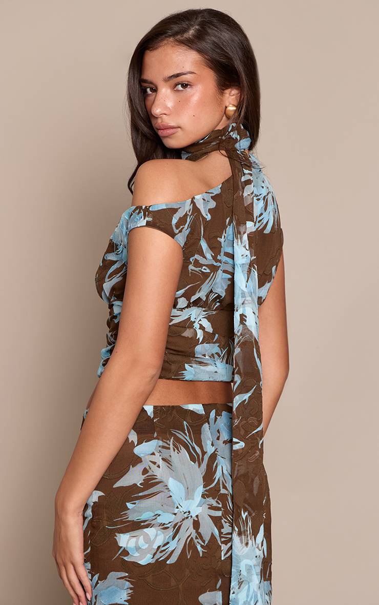 Bleu Ensemble Crop Top En Mousseline Dévorée Florale Avec Lien Au Cou