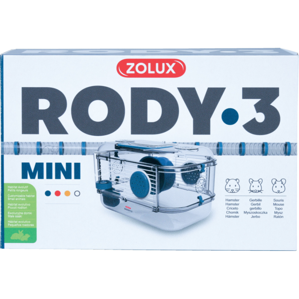 Cage mini rody3. Couleur bleu. Taille 33 x 21 x 18 cm h. Pour rongeur.