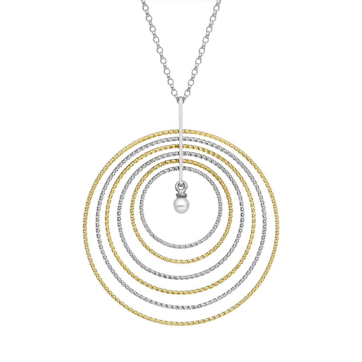 Collier En Argent Rhodié Et Doré Bicolore Multi Rond Avec Perle Naturelle45 mmcm