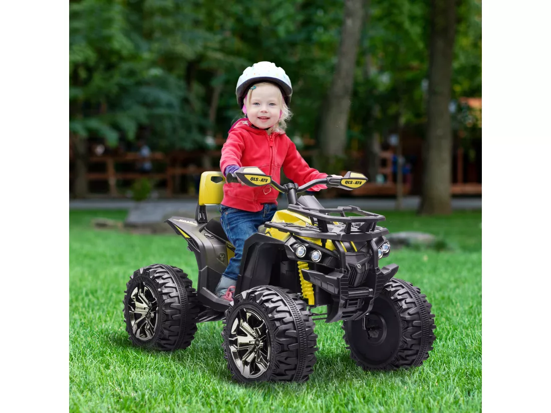 Voiture 4x4 quad buggy électrique enfant 12 V 5 Km/h max. effets lumineux sonores selle avec dossier porte-bagage avant métal PP jaune noir