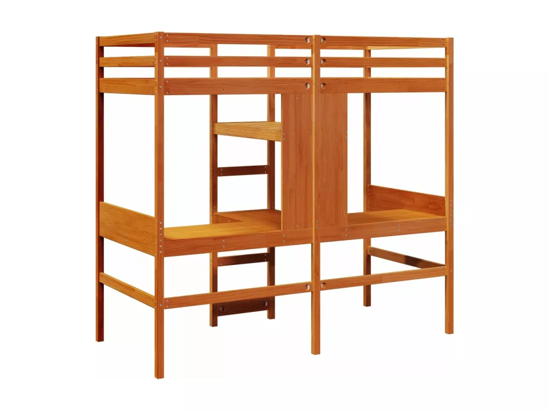 Lit mezzanine avec bureau et étagères brun cire 90x200 cm pin