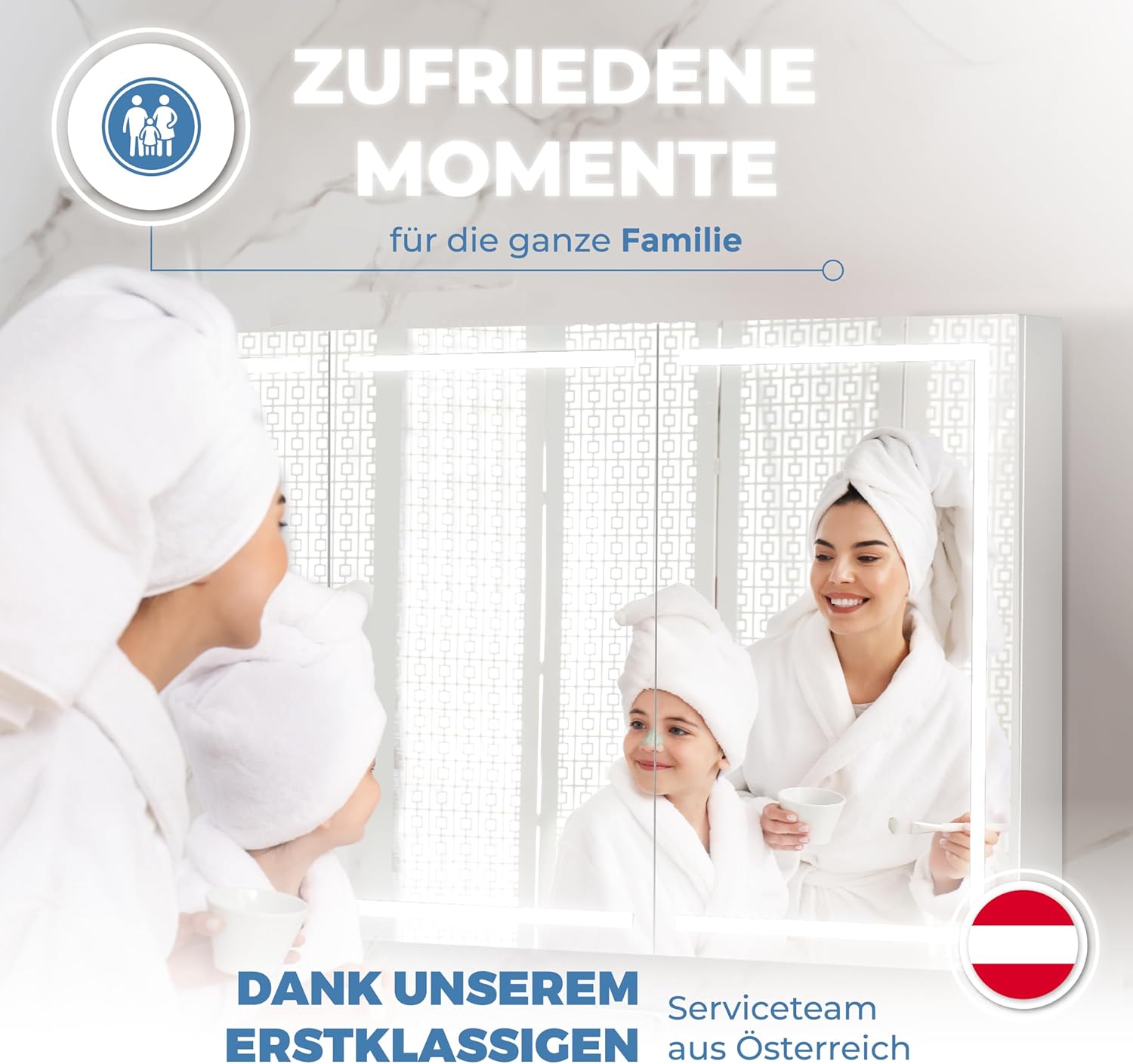 Premium Spiegelschrank-Bad-mit-Beleuchtung 120cm. Einfache Montage, in der EU gefertigt, gleichmäßige helle LED-Beleuchtung, Scharniere schwarz, Steckdose, Unterputz Montage möglich.